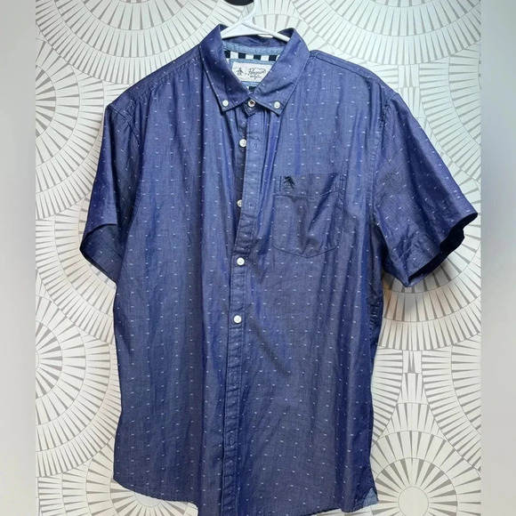 Penguin‎ by Munsingwear Men’s Short Sleeve Button Up Shirt Blue Size Large - Picture 1 of 6